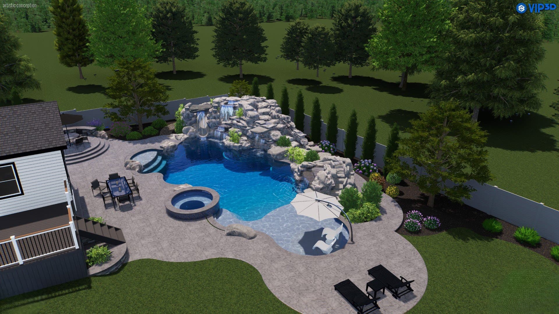 3D design of a freeform pool with a rock waterfall and attached spa