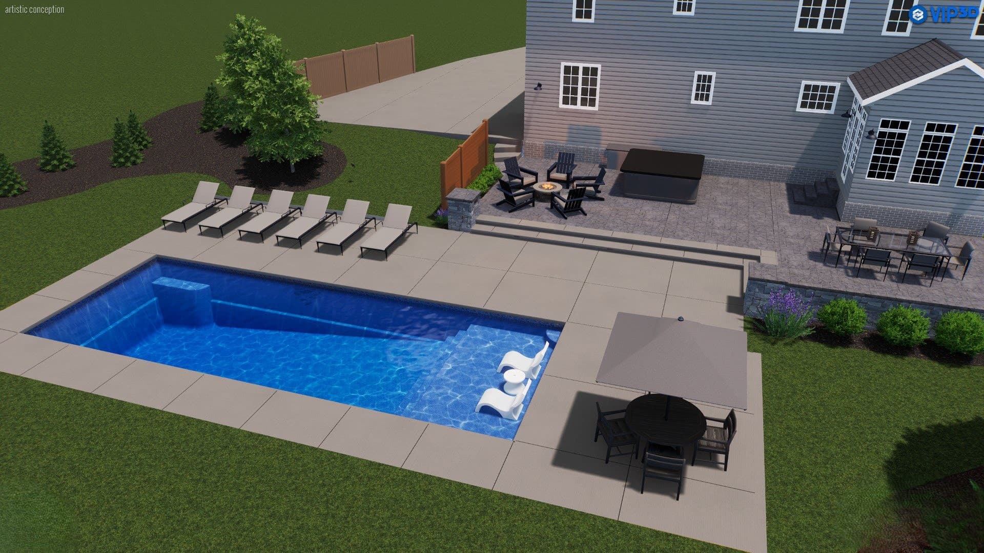 3D design of a rectangular pool with a surrounding patio