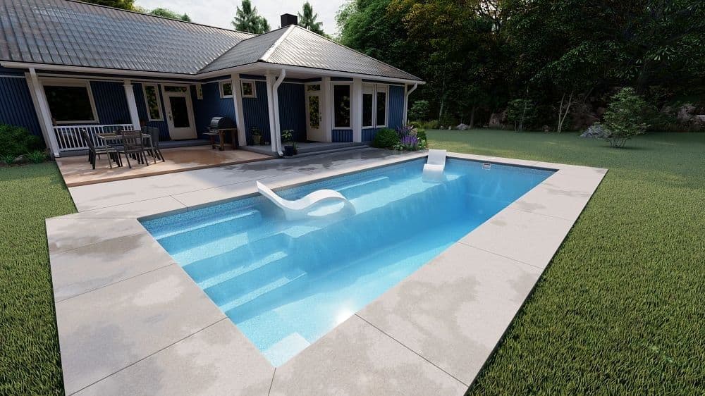 Liberty Anthem fiberglass pool, rectangular pool with a tanning ledge and in-water lounger, gray concrete deck and a covered patio behind, manufacturer photo.