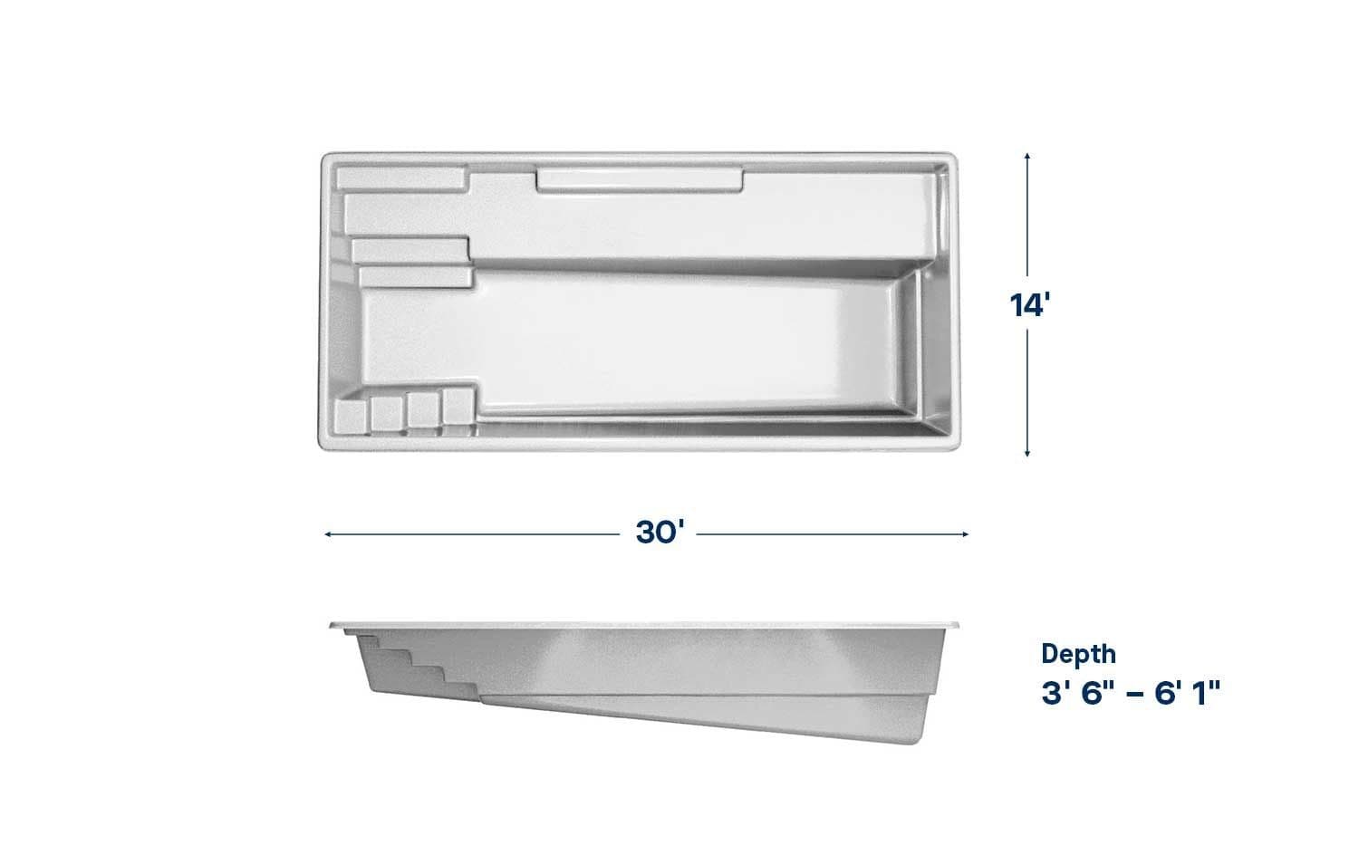 Anthem 14x30 fiberglass pool spec diagram: top and side views with length, width and depth, manufacturer drawing.