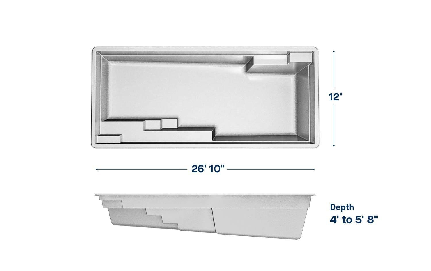Compassion 12x26 fiberglass pool spec diagram: top and side views with length, width and depth, manufacturer drawing.