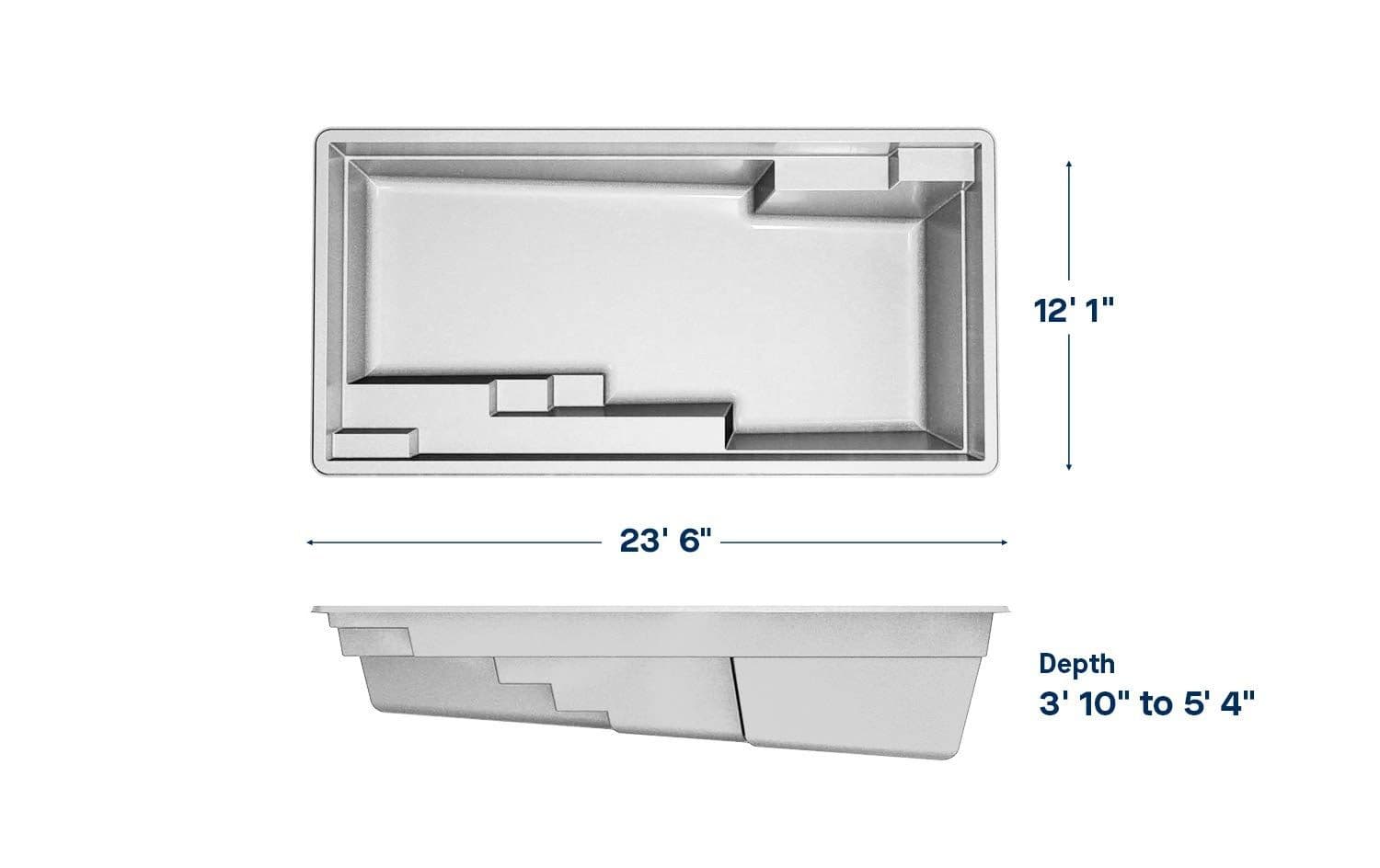 Compassion 12x23 fiberglass pool spec diagram: top and side views with length, width and depth, manufacturer drawing.