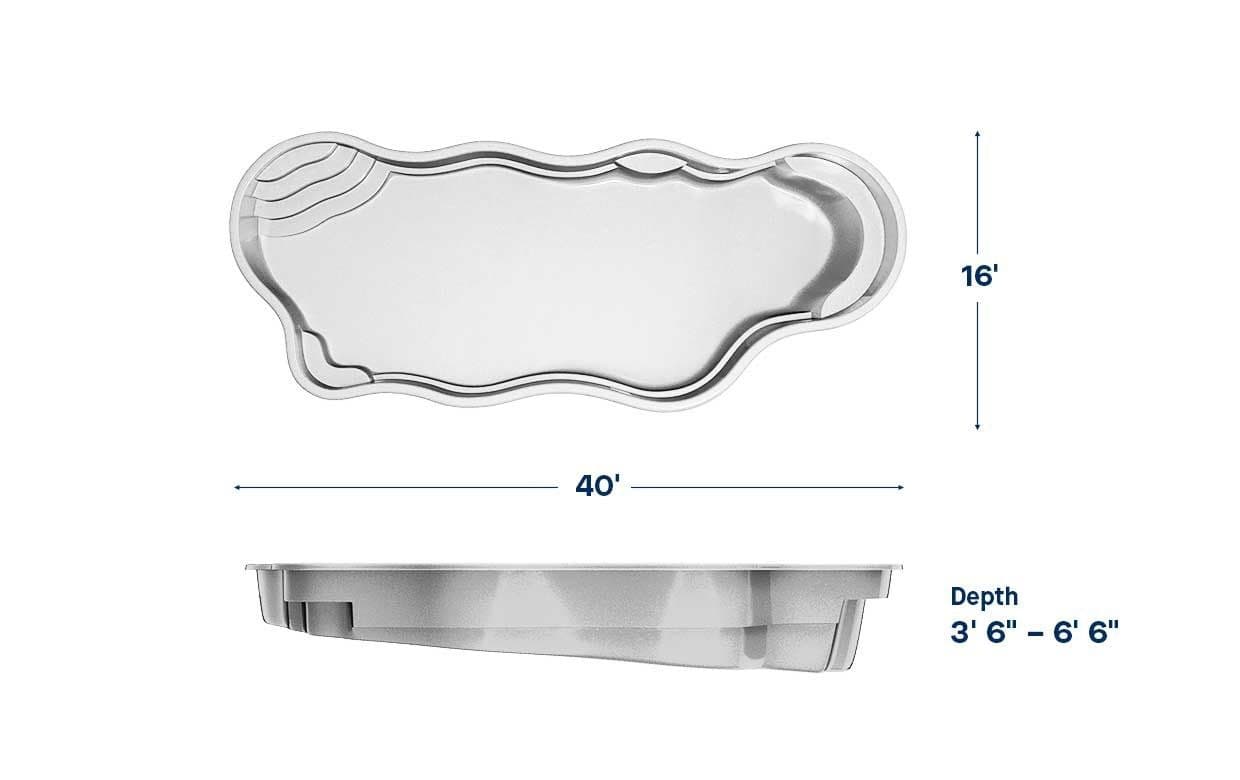 Devotion 16x40 fiberglass pool spec diagram: top and side views with length, width and depth, manufacturer drawing.