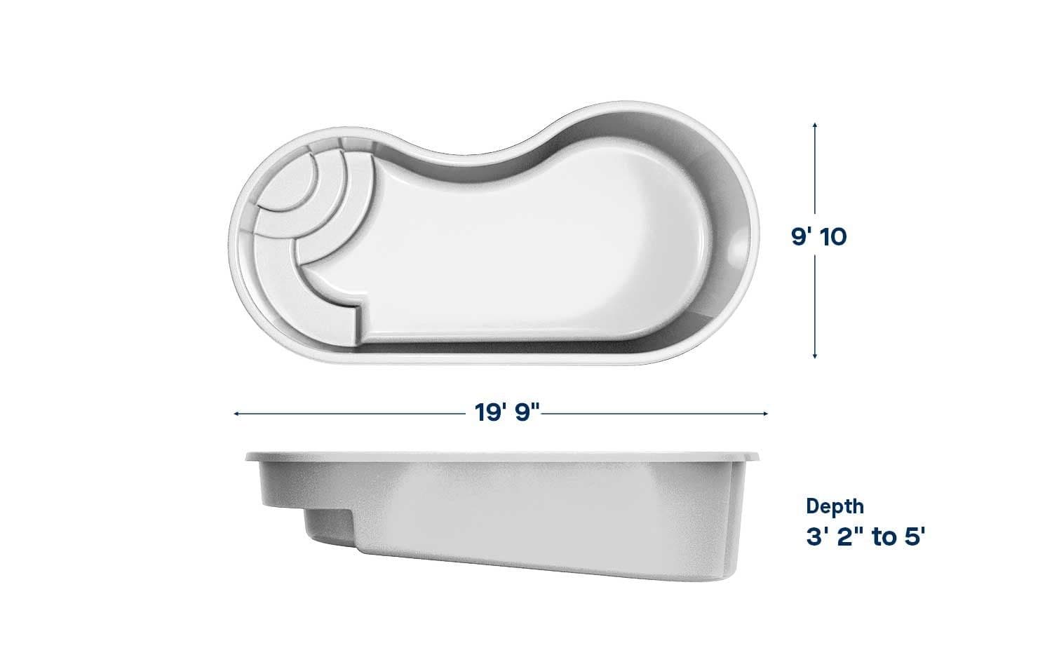 Dignity 10x20 fiberglass pool spec diagram: top and side views with length, width and depth, manufacturer drawing.