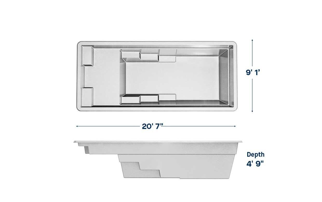 Enrichment 9x21 fiberglass pool spec diagram: top and side views with length, width and depth, manufacturer drawing.