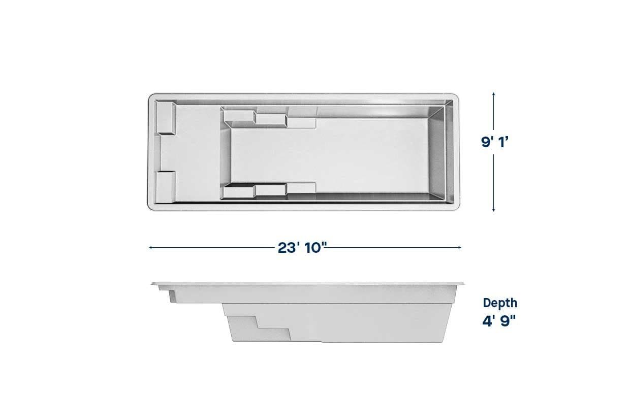 Enrichment 9x24 fiberglass pool spec diagram: top and side views with length, width and depth, manufacturer drawing.