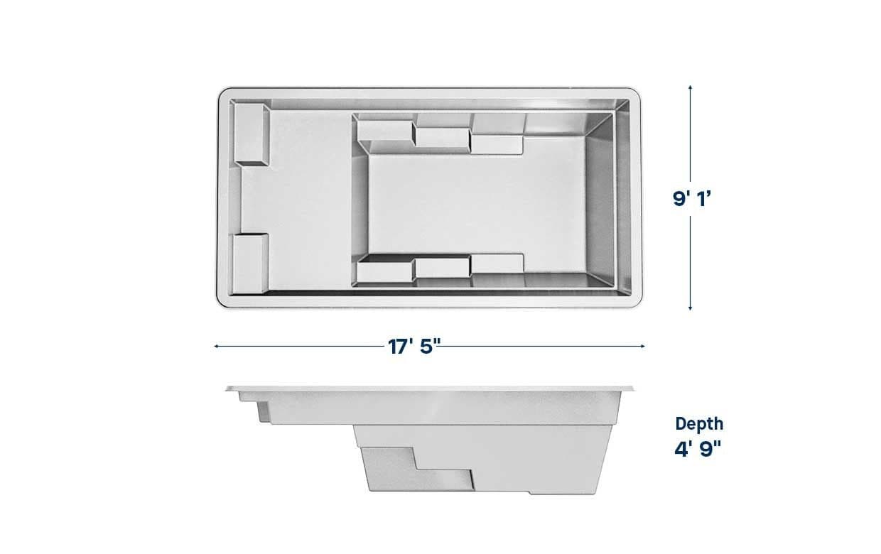 Enrichment 9x17 fiberglass pool spec diagram: top and side views with length, width and depth, manufacturer drawing.