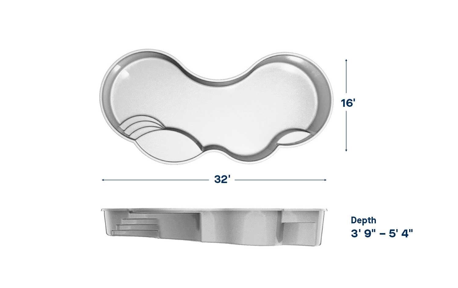 Finesse 16x32 fiberglass pool spec diagram: top and side views with length, width and depth, manufacturer drawing.