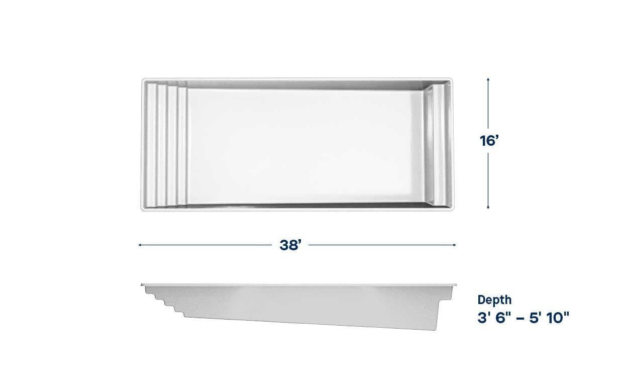 Glory 16x38 fiberglass pool spec diagram: top and side views with length, width and depth, manufacturer drawing.