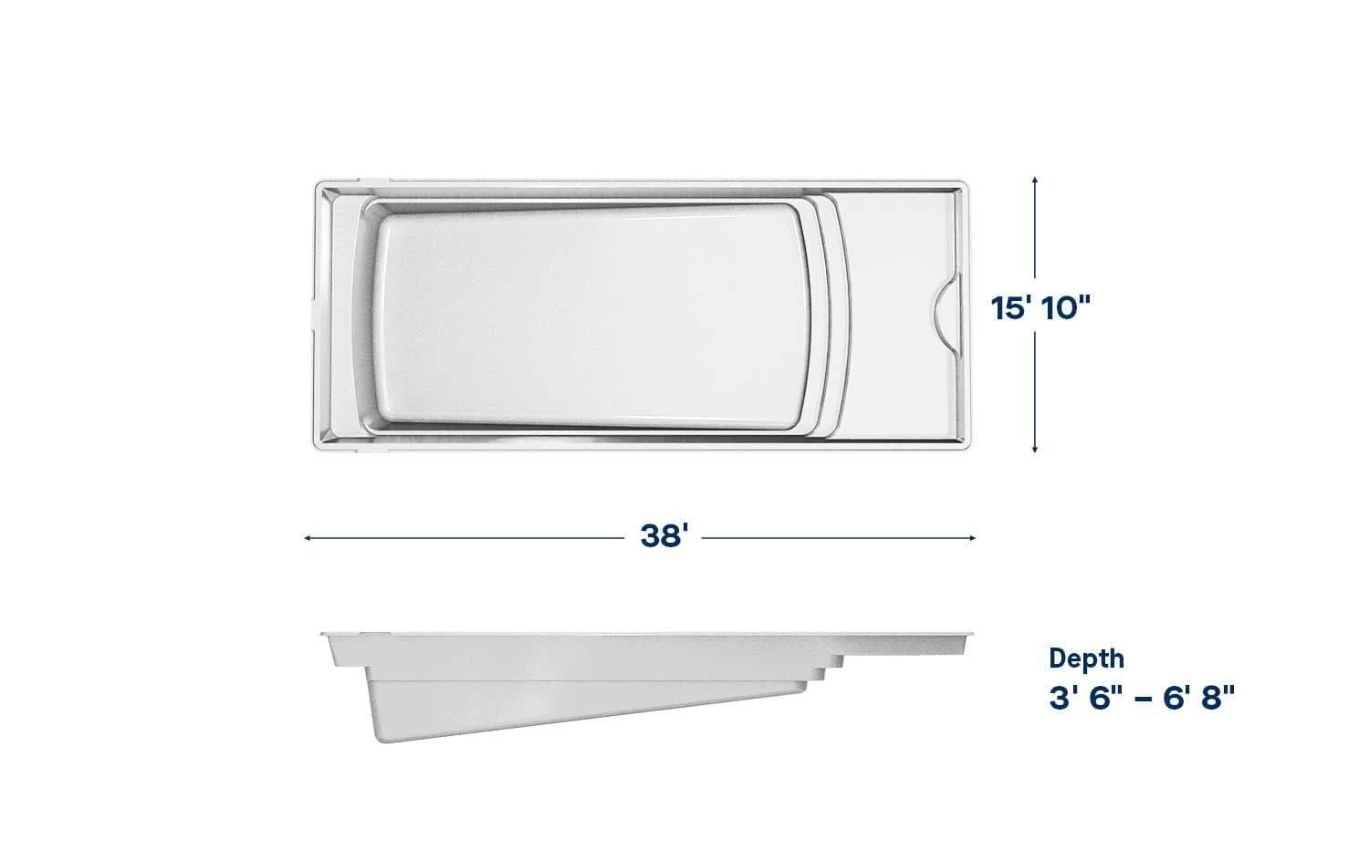 Heavenly 16x38 fiberglass pool spec diagram: top and side views with length, width and depth, manufacturer drawing.