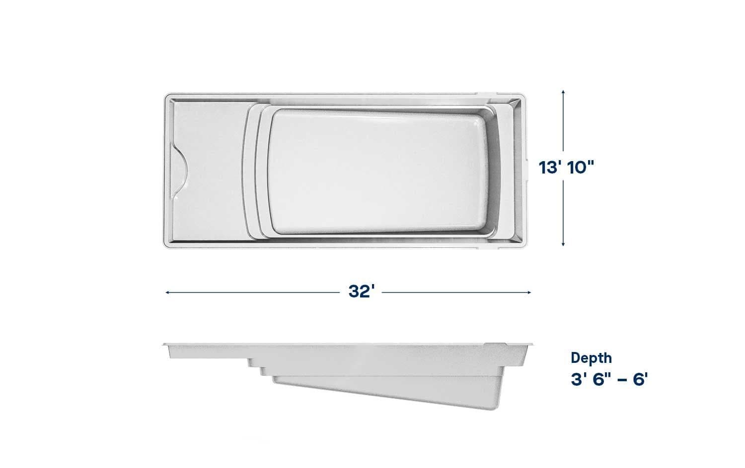 Heavenly 14x32 fiberglass pool spec diagram: top and side views with length, width and depth, manufacturer drawing.