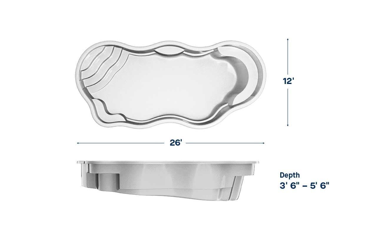 Hero 12x26 fiberglass pool spec diagram: top and side views with length, width and depth, manufacturer drawing.