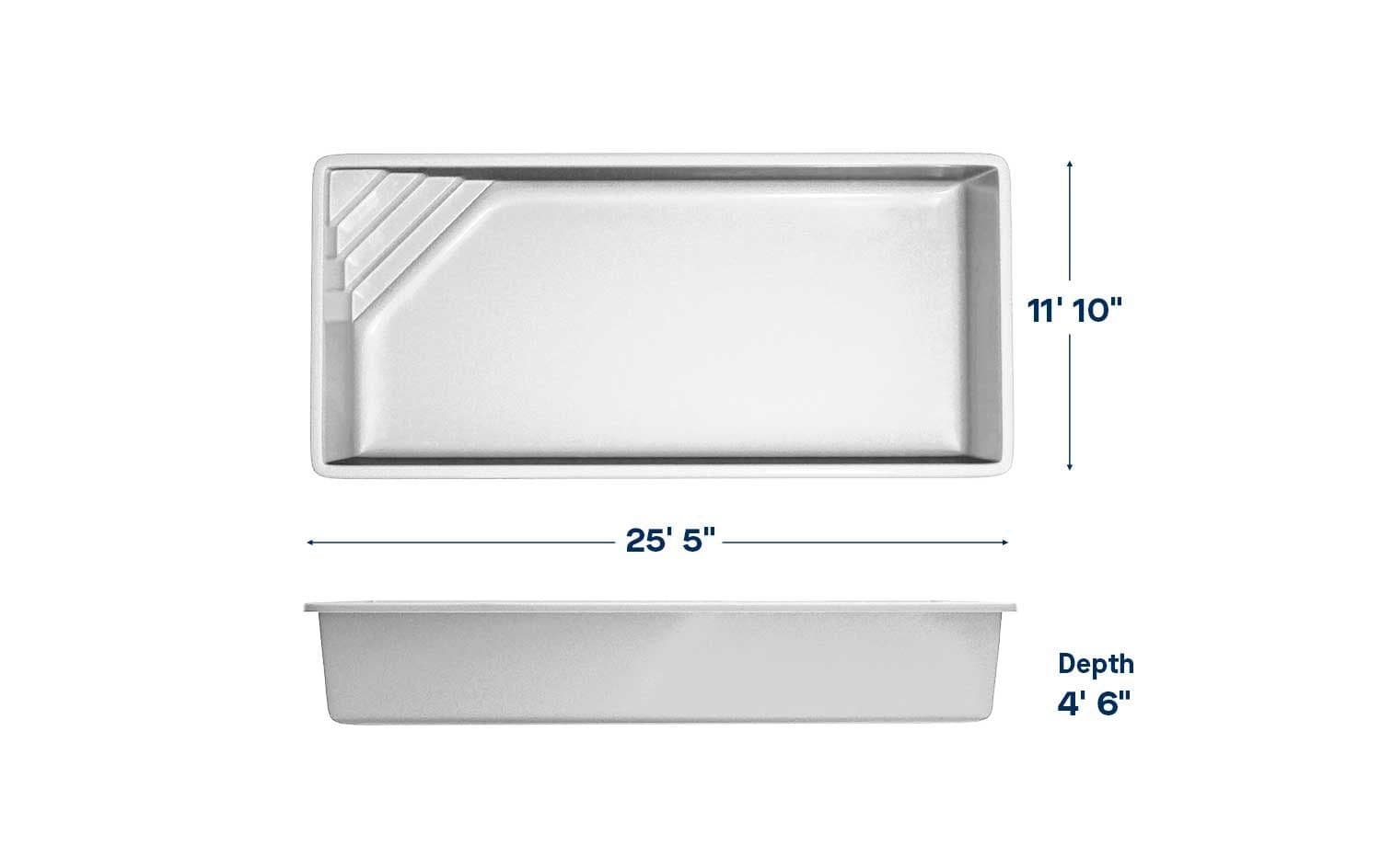 Independence 12x25 fiberglass pool spec diagram: top and side views with length, width and depth, manufacturer drawing.