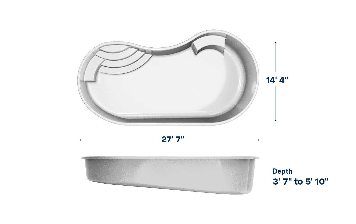 Merit 14'6x28 fiberglass pool spec diagram: top and side views with length, width and depth, manufacturer drawing.