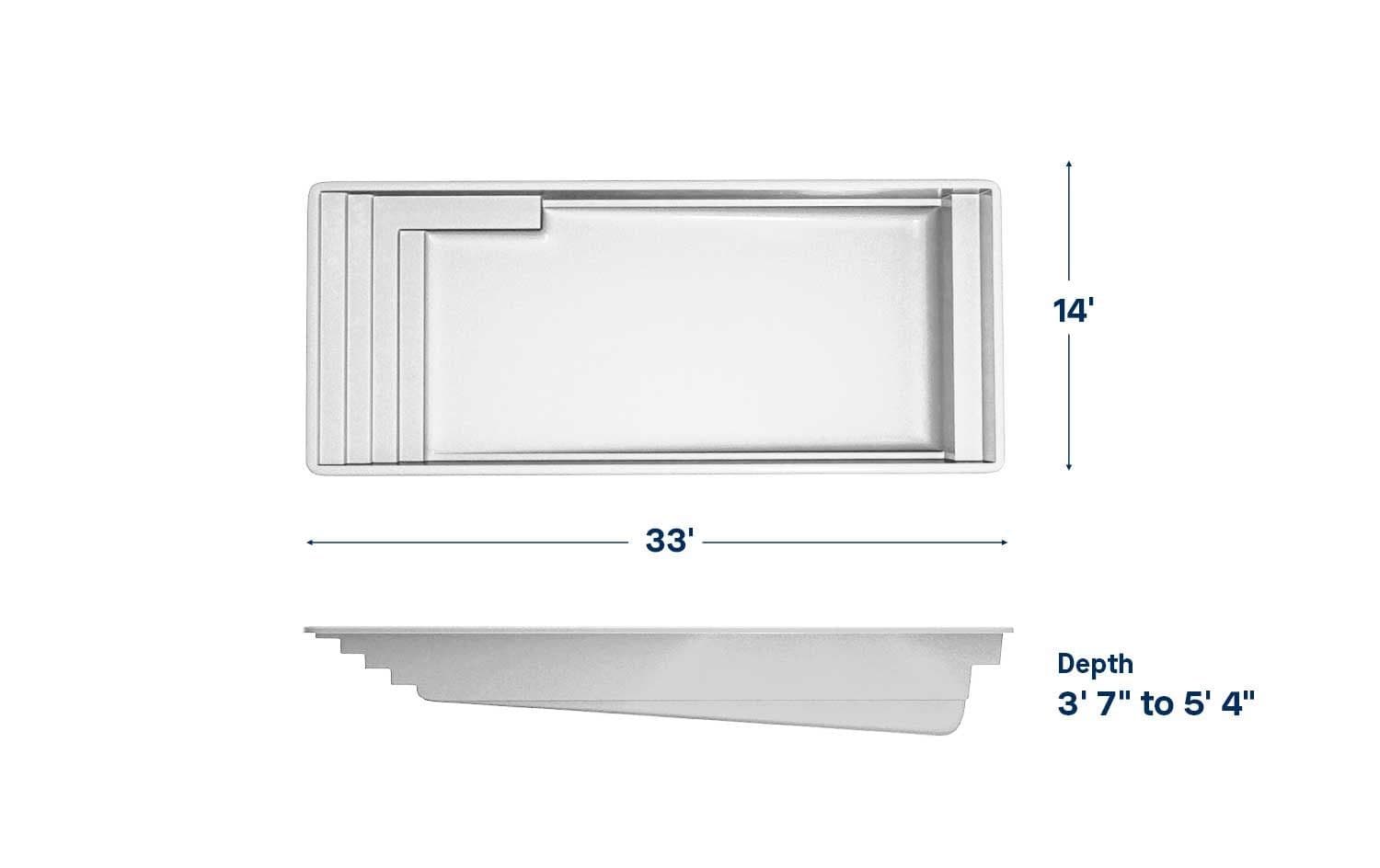 Opportunity 14x33 fiberglass pool spec diagram: top and side views with length, width and depth, manufacturer drawing.