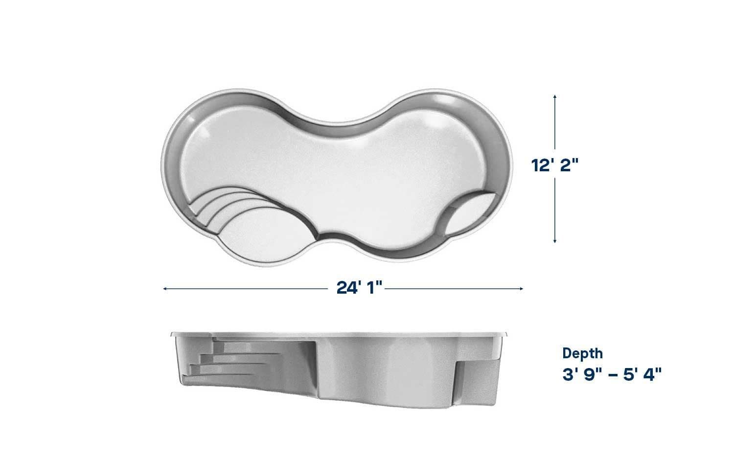 Poise 12x24 fiberglass pool spec diagram: top and side views with length, width and depth, manufacturer drawing.