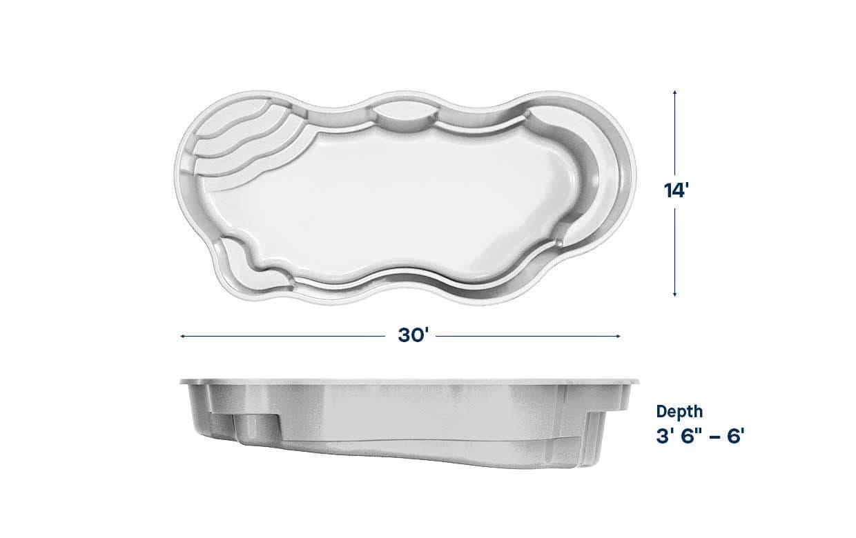 Relaxation 14x30 fiberglass pool spec diagram: top and side views with length, width and depth, manufacturer drawing.