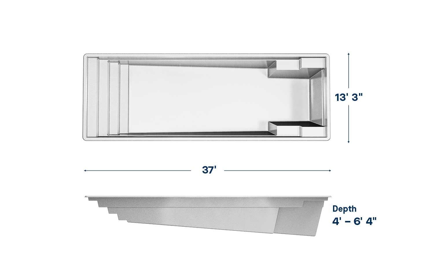 Stature 13x37 fiberglass pool spec diagram: top and side views with length, width and depth, manufacturer drawing.