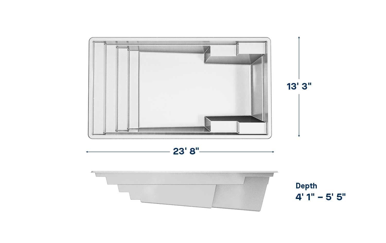 Stature 13x23 fiberglass pool spec diagram: top and side views with length, width and depth, manufacturer drawing.
