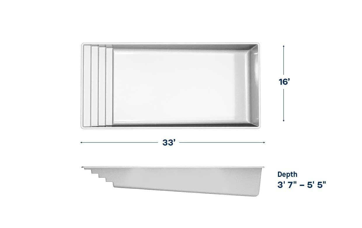 Tradition 16x33 fiberglass pool spec diagram: top and side views with length, width and depth, manufacturer drawing.