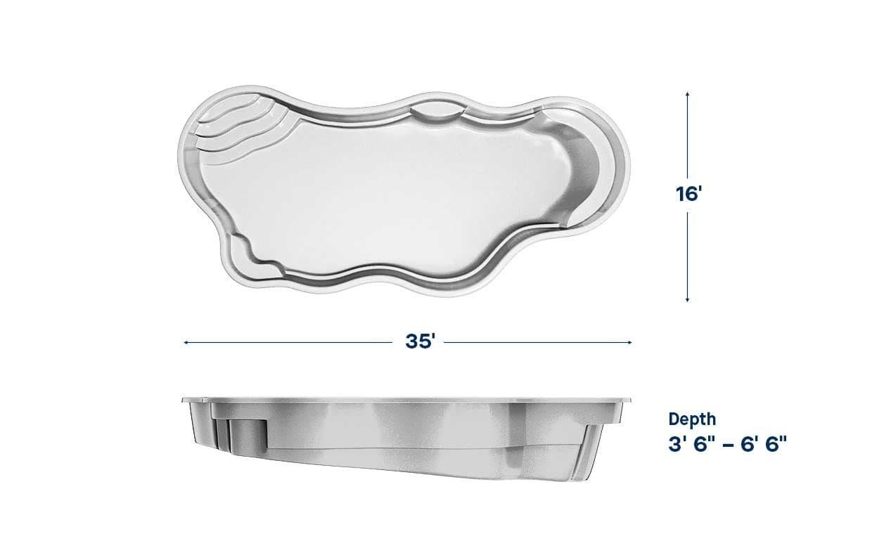 Unity 16x35 fiberglass pool spec diagram: top and side views with length, width and depth, manufacturer drawing.