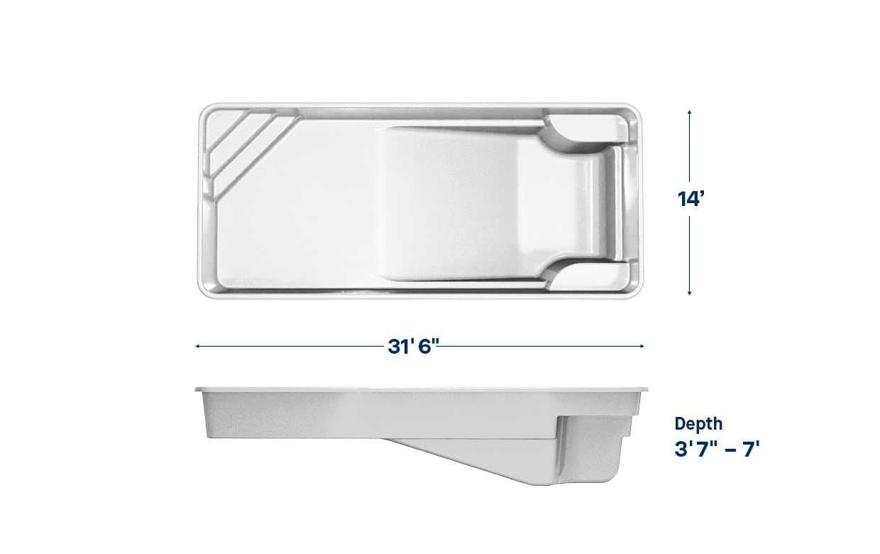 Valiant 14x31 fiberglass pool spec diagram: top and side views with length, width and depth, manufacturer drawing.