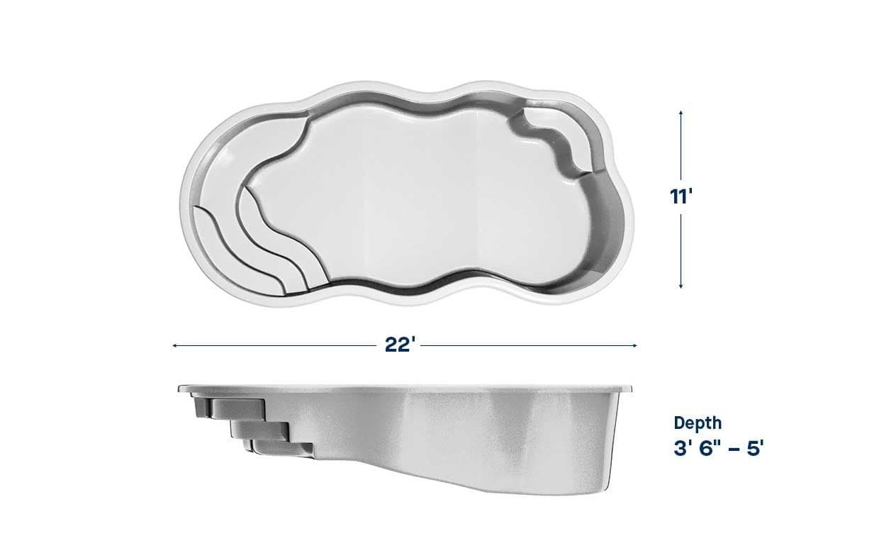 Victory 11x22 fiberglass pool spec diagram: top and side views with length, width and depth, manufacturer drawing.
