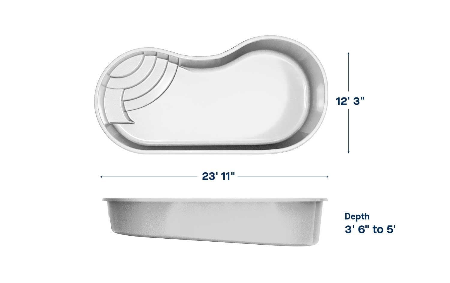 Virtue 12x24 fiberglass pool spec diagram: top and side views with length, width and depth, manufacturer drawing.
