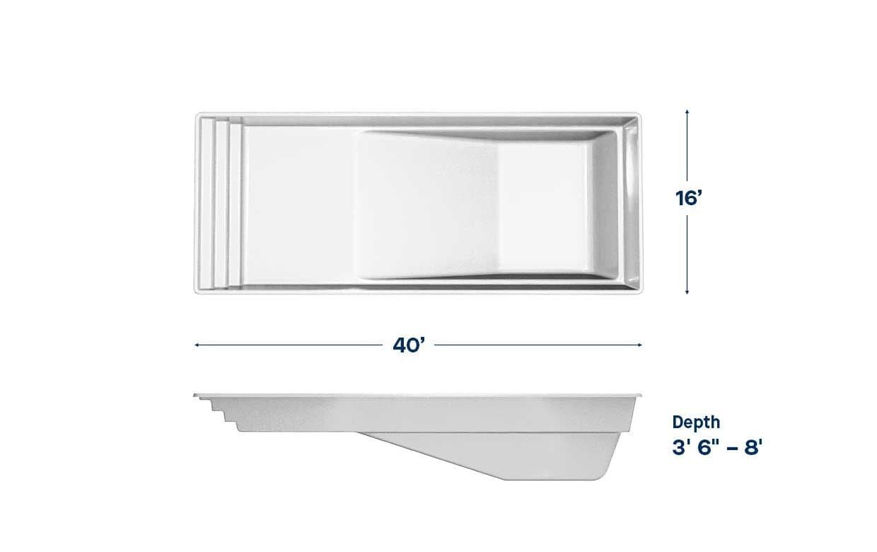 Virtuous 16x40 fiberglass pool spec diagram: top and side views with length, width and depth, manufacturer drawing.